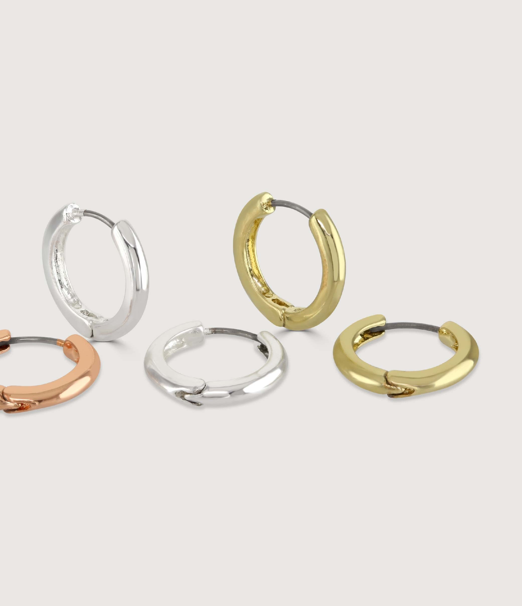 SILVER, GOLD AND ROSE GOLD SET OF THREE HOOP EARRINGS