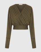 Zoe Pinstripe Elastic Wrap Satin Top | Khaki