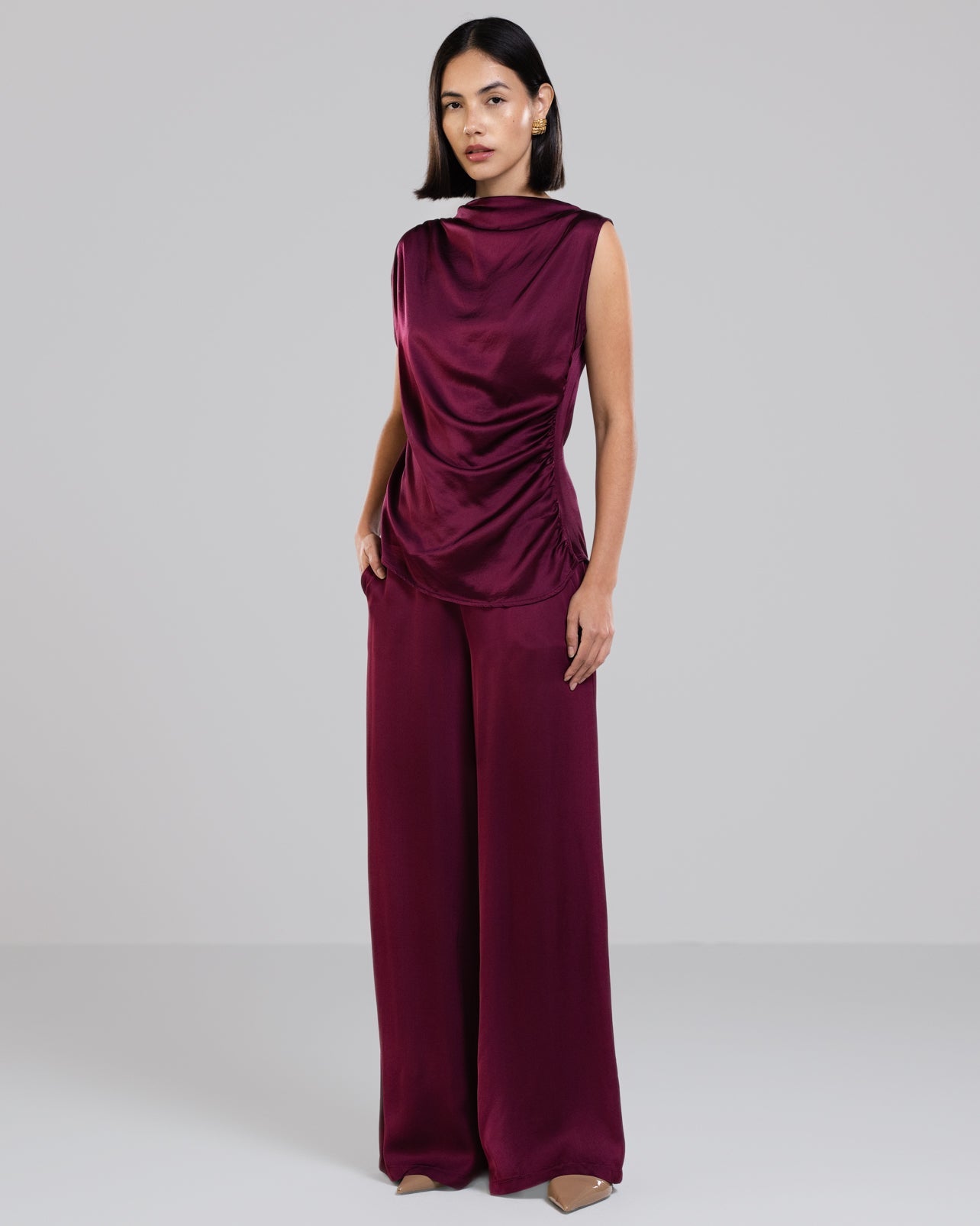 Allegra Draped Satin Top | Burgundy