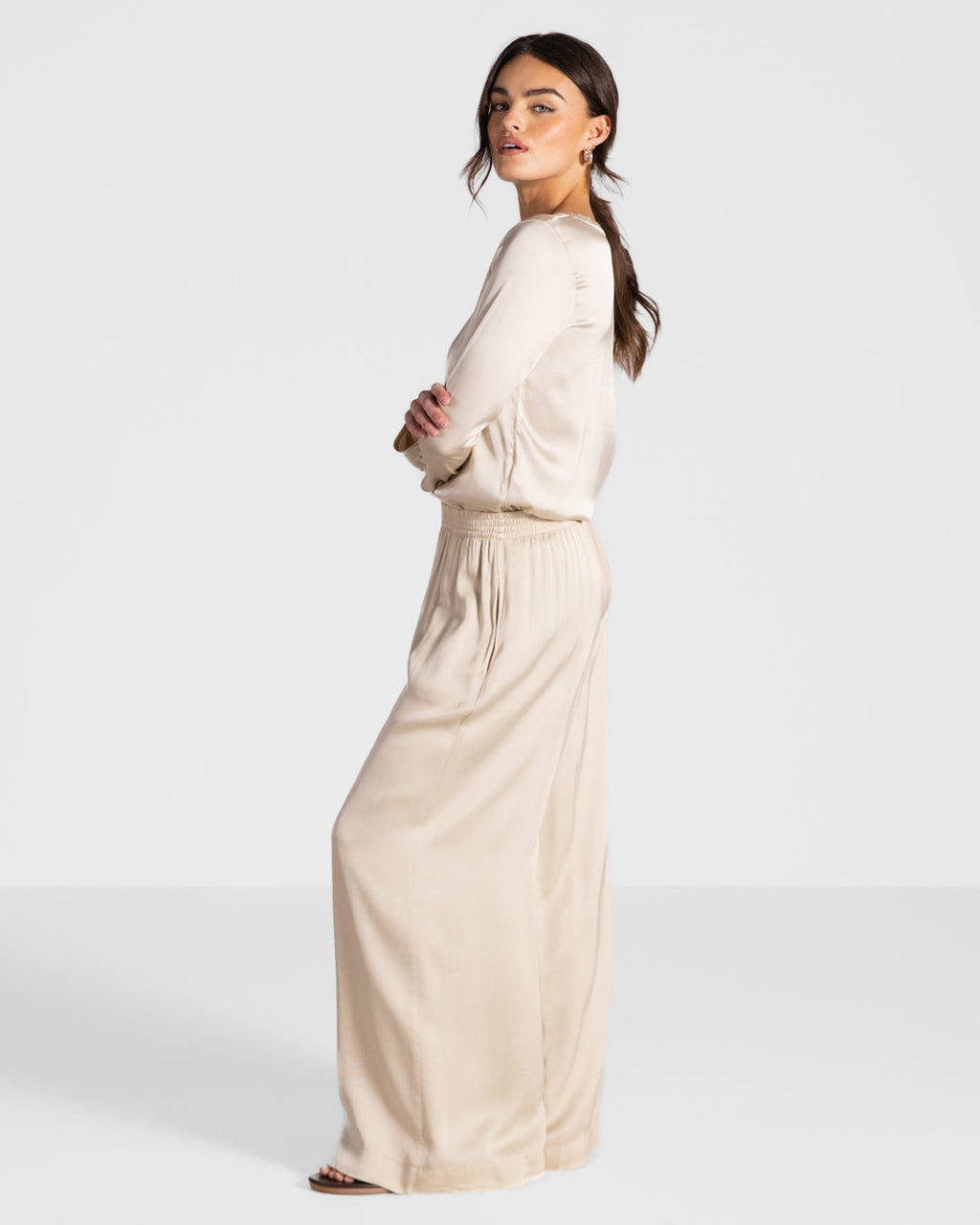 Daisy Elastic Waist Satin Pants | Cream