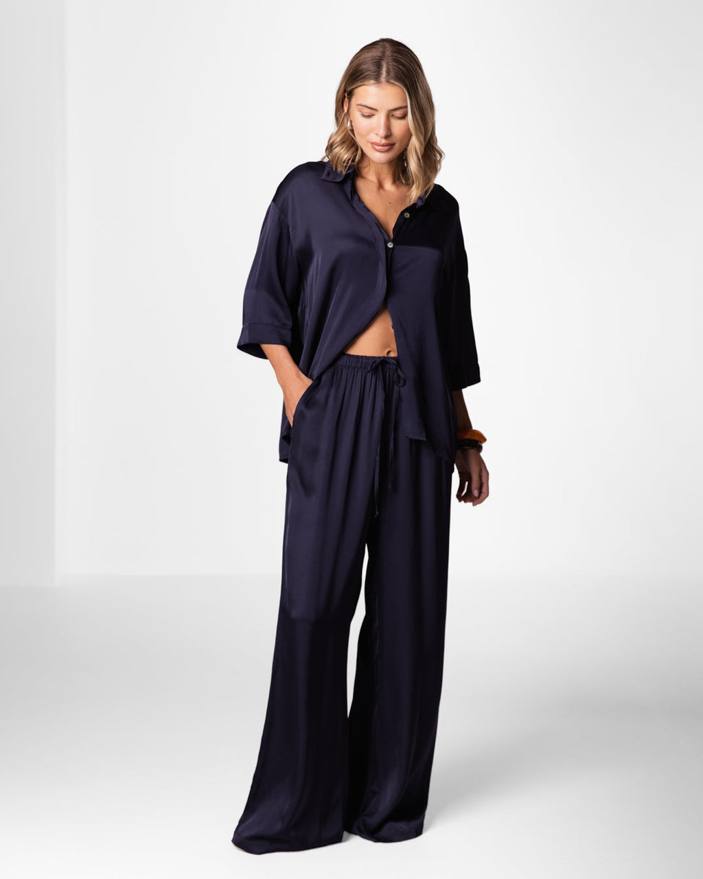 Nora Drawstring Satin Pants | Navy