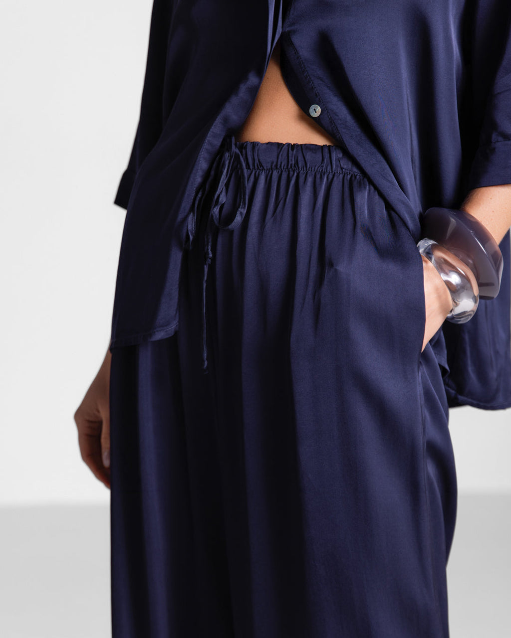 Nora Drawstring Satin Pants | Navy