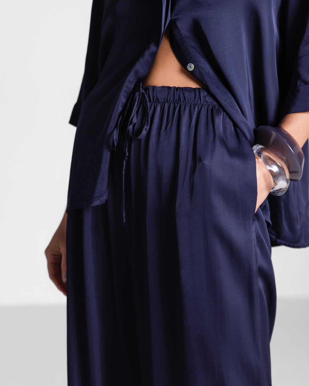 Nora Drawstring Satin Pants | Navy