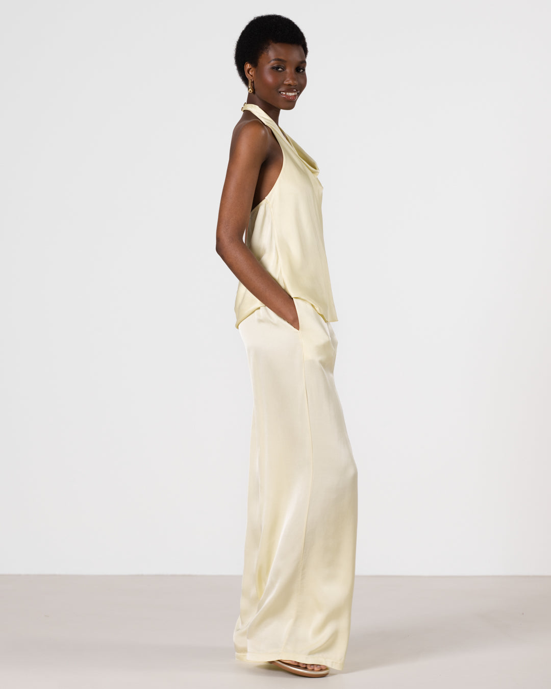 Giselle Elastic High Waist Satin Trousers | Butter Yellow  Jo