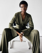 Zoe Pinstripe Elastic Wrap Satin Top | Khaki