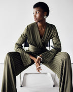 Zoe Pinstripe Elastic High Waist Satin Trousers | Khaki