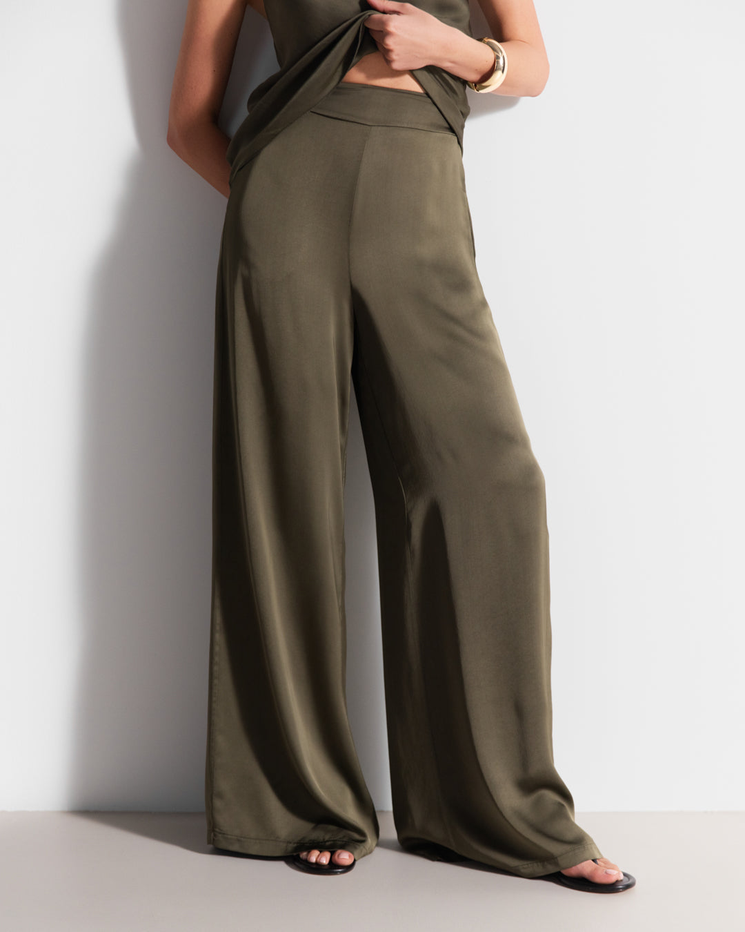 Giselle Elastic High Waist Satin Trousers | Khaki