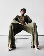 Zoe Pinstripe Elastic Wrap Satin Top | Khaki