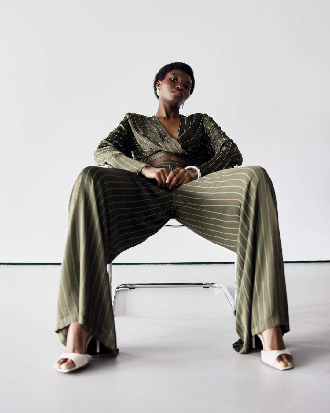 Zoe Pinstripe Elastic High Waist Satin Trousers | Khaki