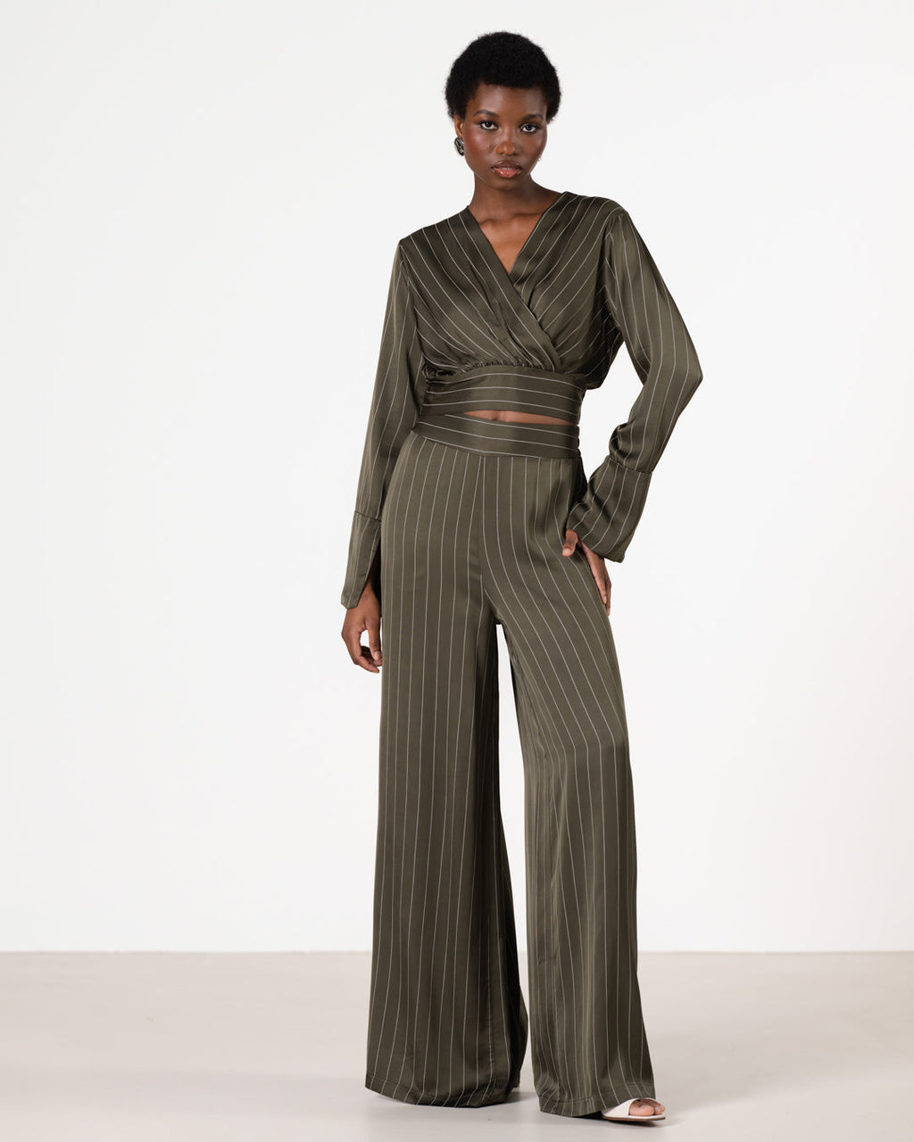 Zoe Pinstripe Elastic Wrap Satin Top | Khaki