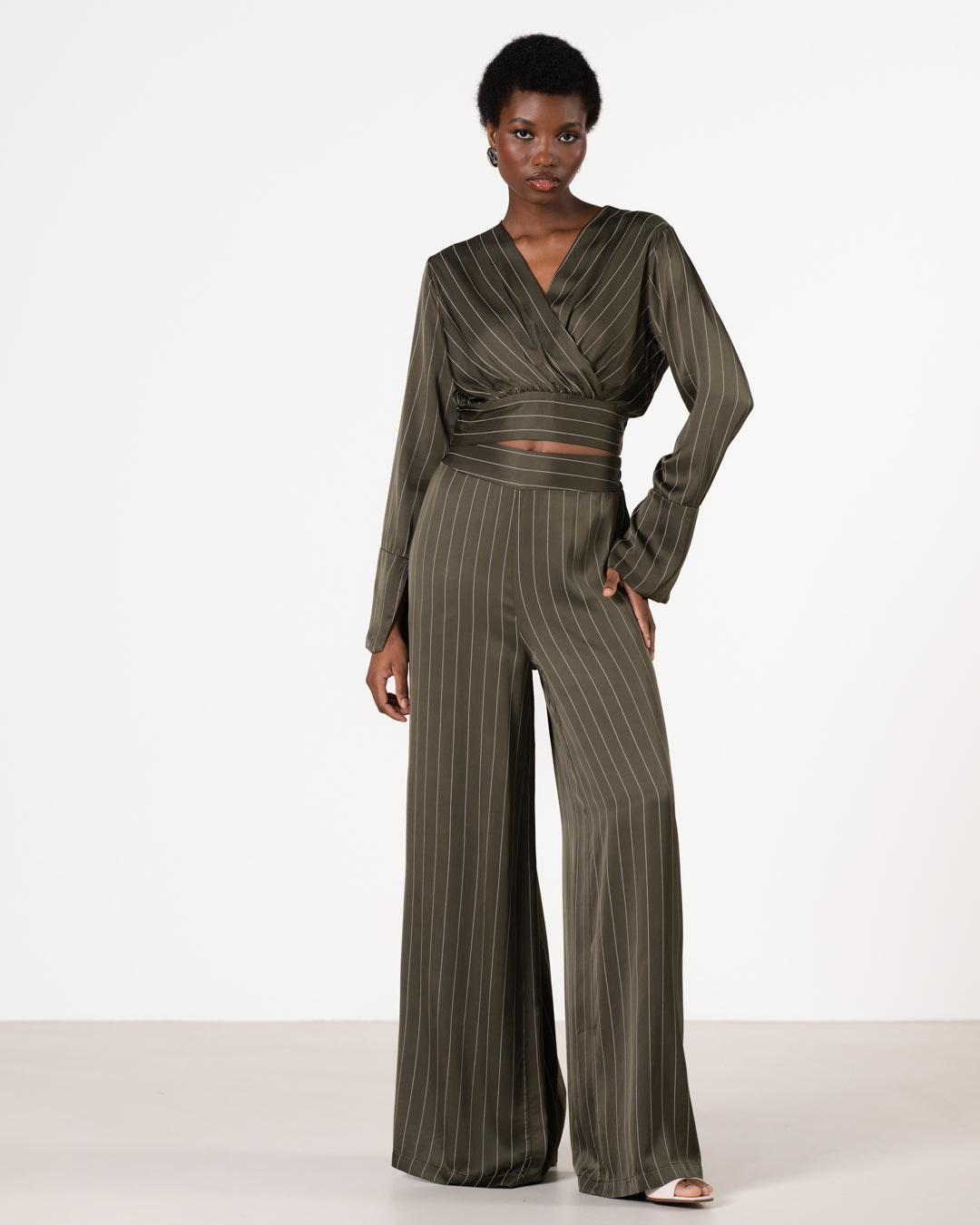 Zoe Pinstripe Elastic High Waist Satin Trousers | Khaki