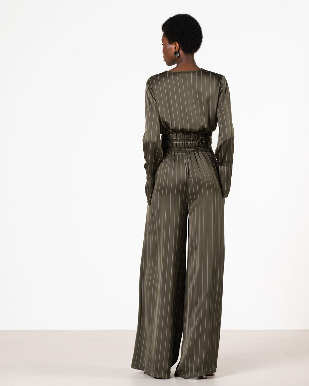 Zoe Pinstripe Elastic High Waist Satin Trousers | Khaki