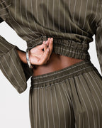 Zoe Pinstripe Elastic Wrap Satin Top | Khaki