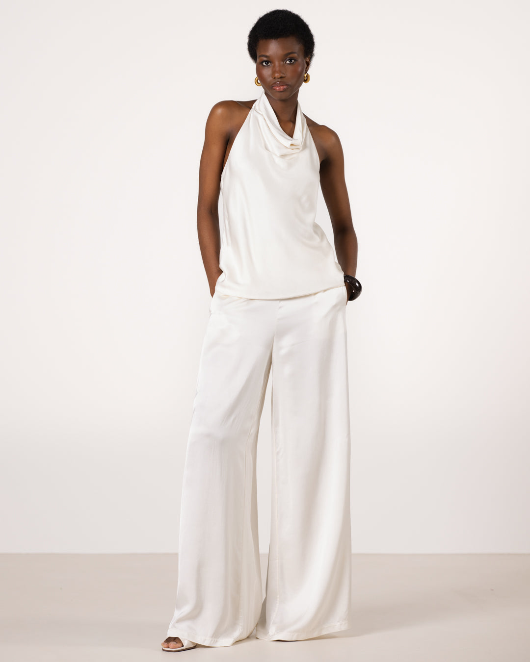 Giselle Elastic High Waist Satin Trousers | Ivory