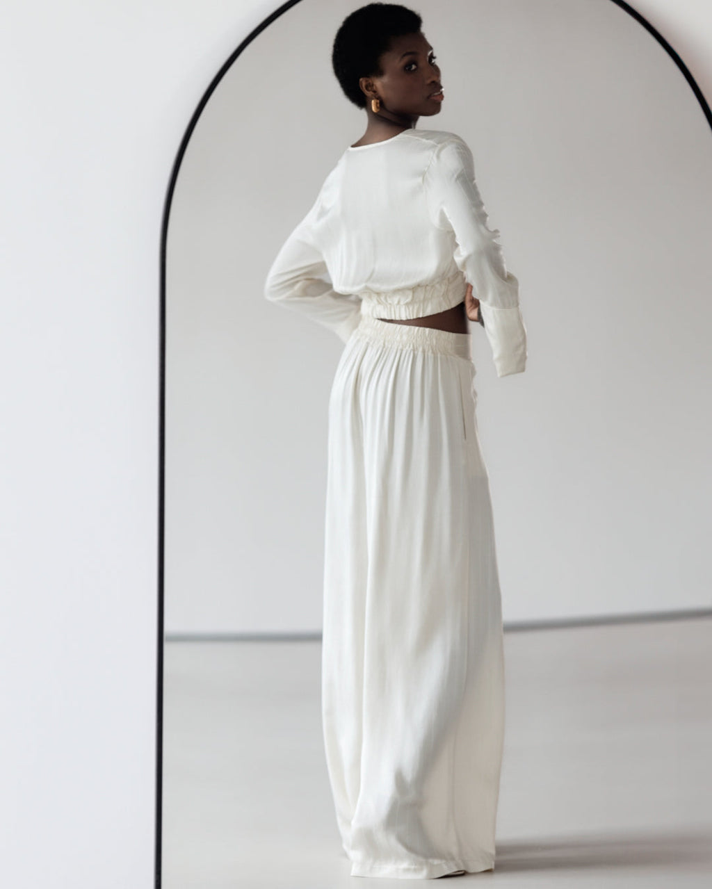 Zoe Pinstripe Elastic High Waist Satin Trousers | Ivory