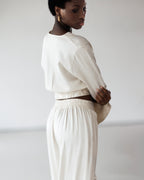 Zoe Pinstripe Elastic Wrap Satin Top | Ivory