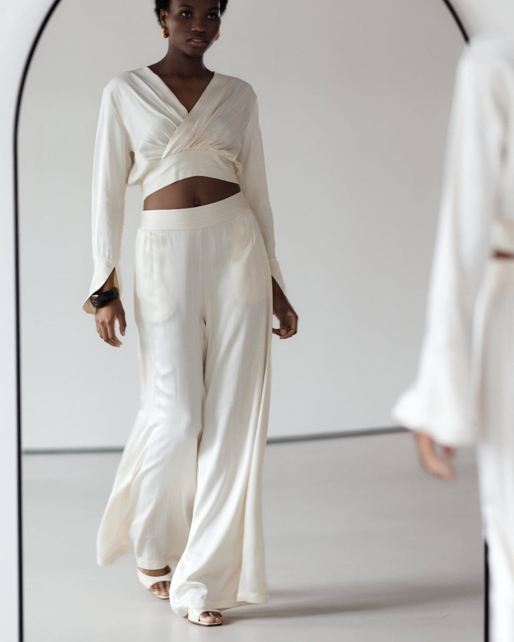 Zoe Pinstripe Elastic High Waist Satin Trousers | Ivory