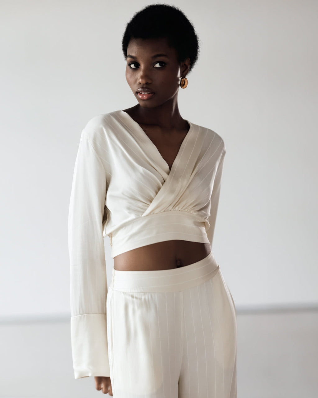 Zoe Pinstripe Elastic Wrap Satin Top | Ivory