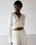 Zoe Pinstripe Elastic Wrap Satin Top | Ivory