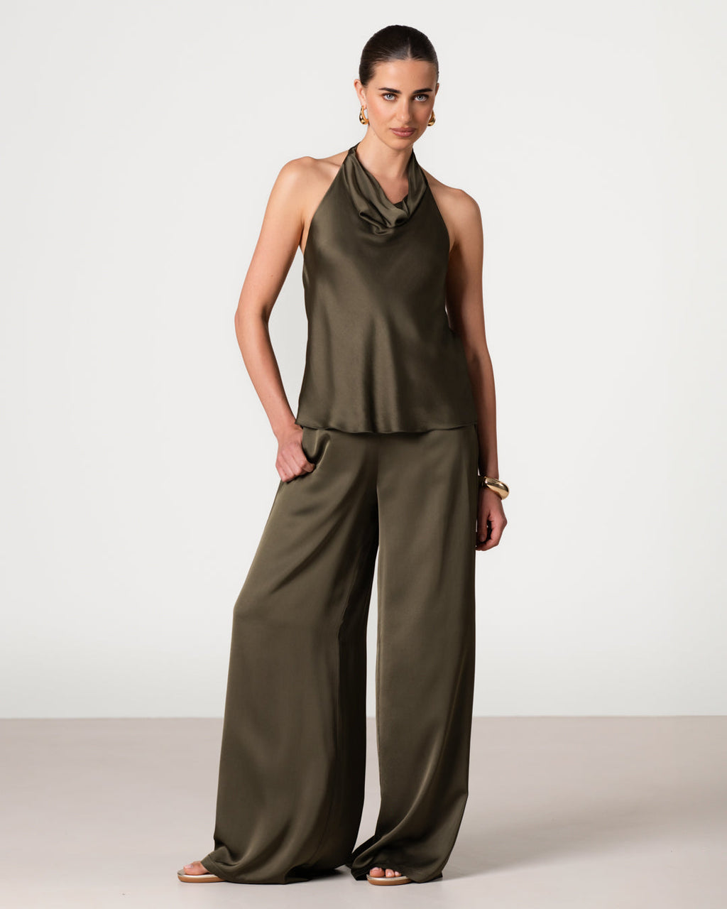 Carmen Backless Halterneck Top | Khaki