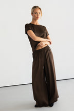 Daisy Elastic Waist Satin Pants | Chocolate Brown