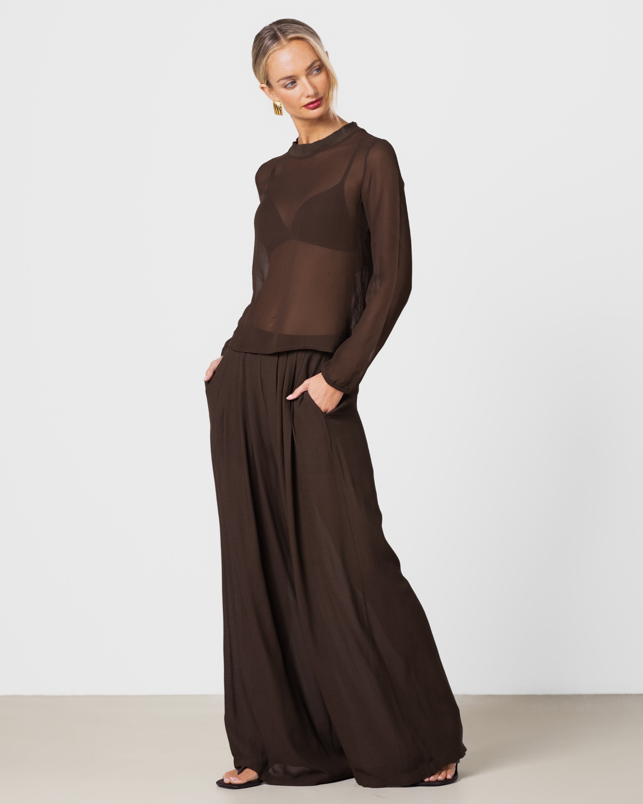 Verity Sheer Elastic Waist Trousers | Chocolate Brown
