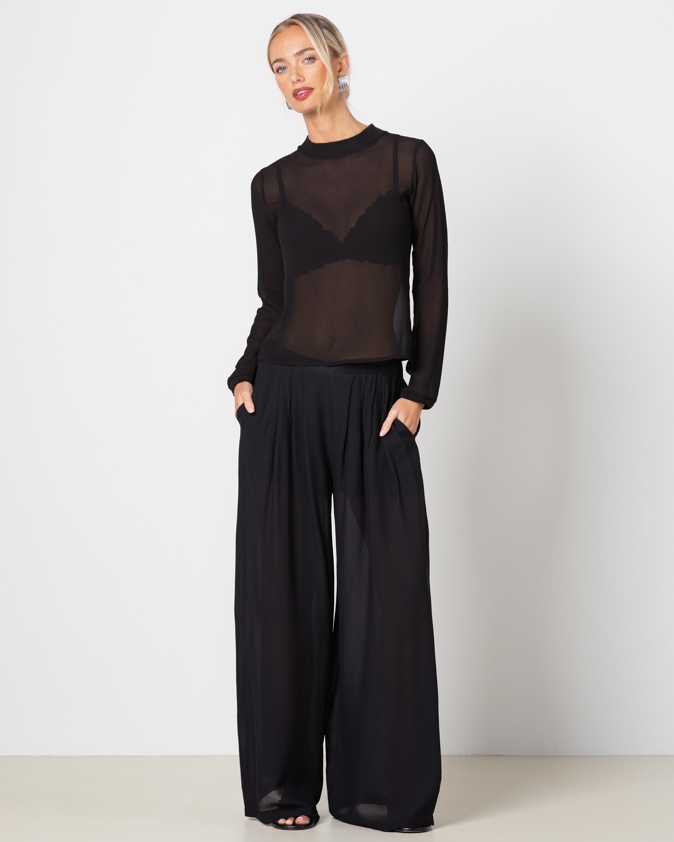 Verity Sheer Elastic Waist Trousers | Black