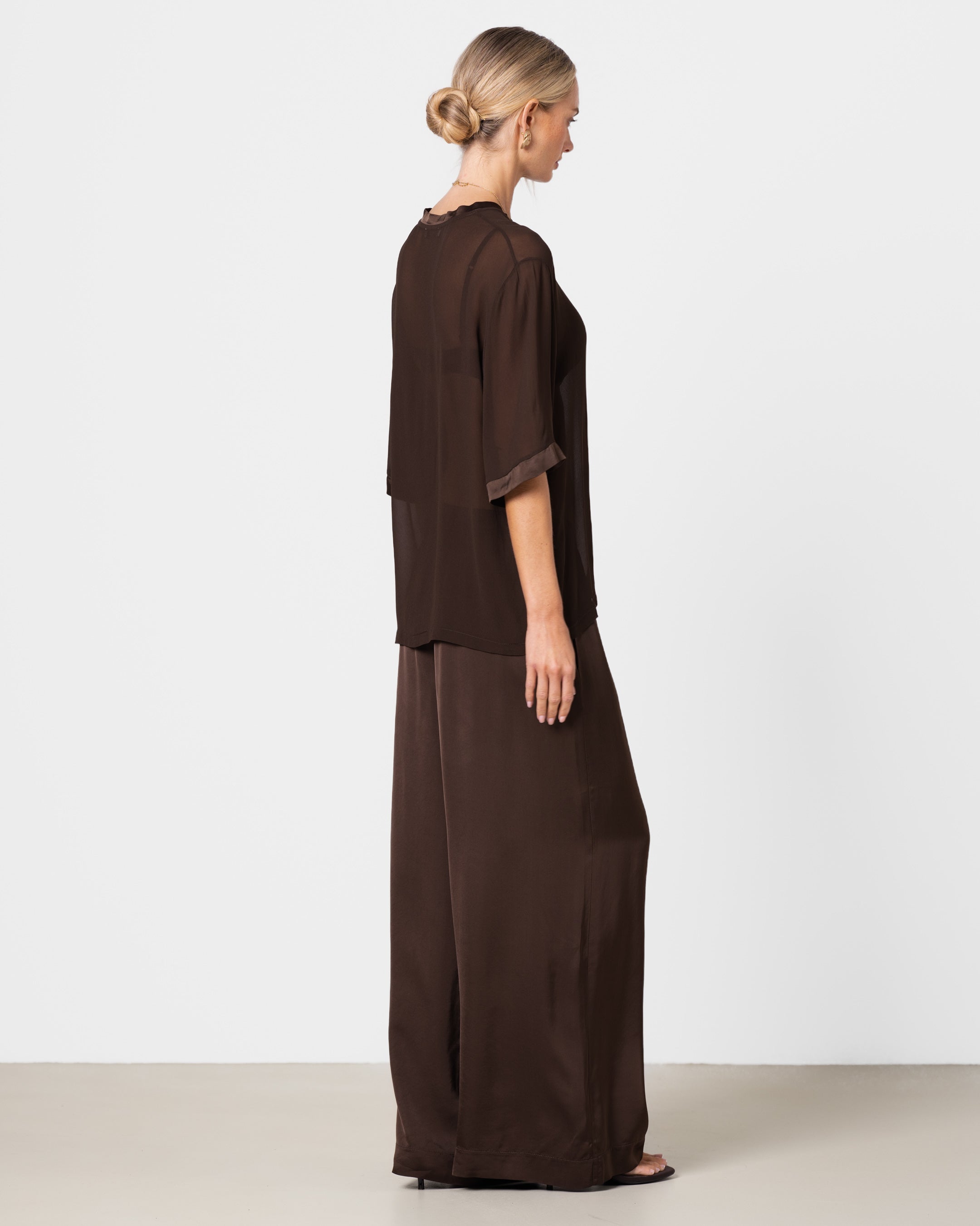 Zadie Sheer Satin Trim Top | Chocolate Brown