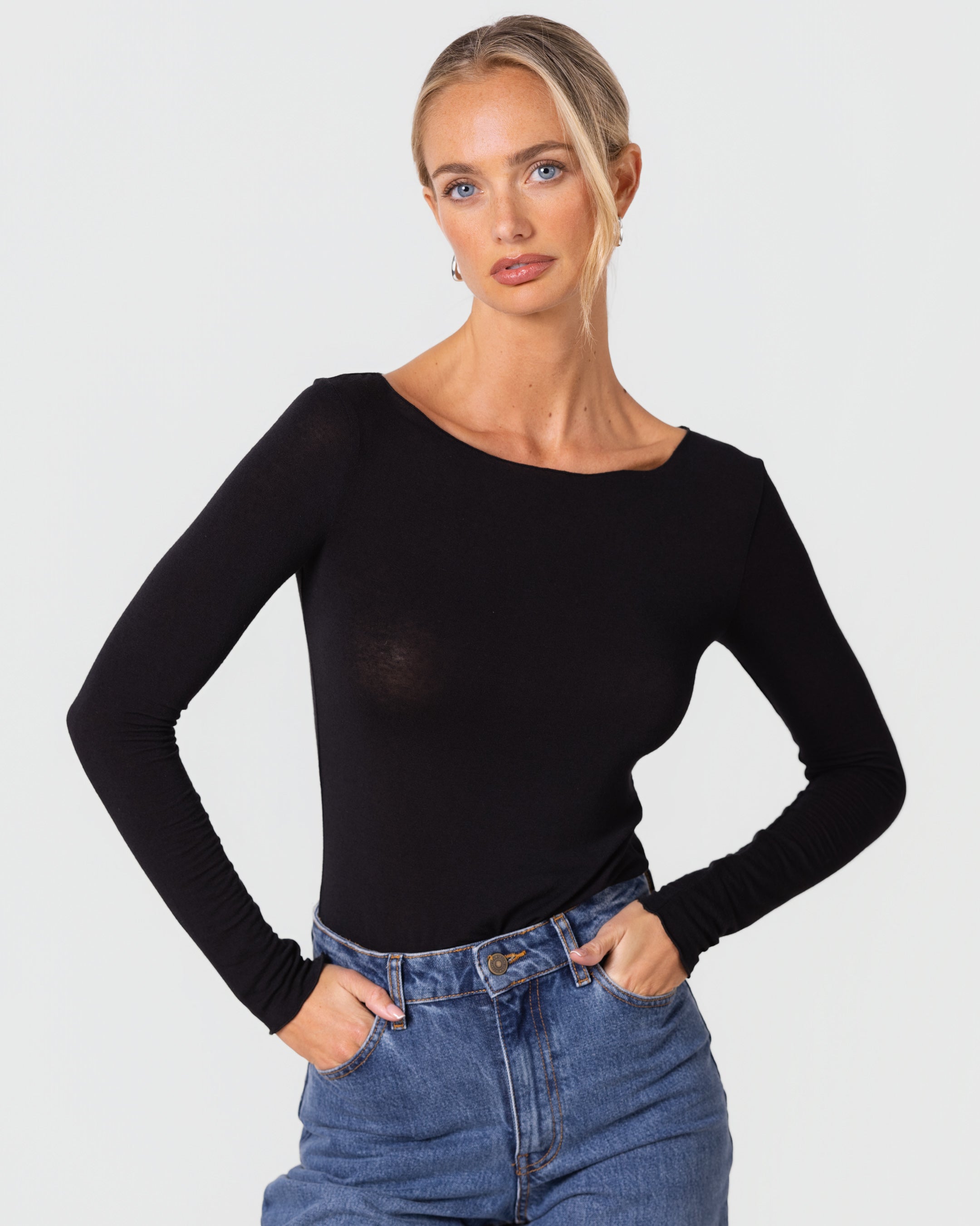Mae Featherweight Boatneck Top | Black | Modal-Cashmere