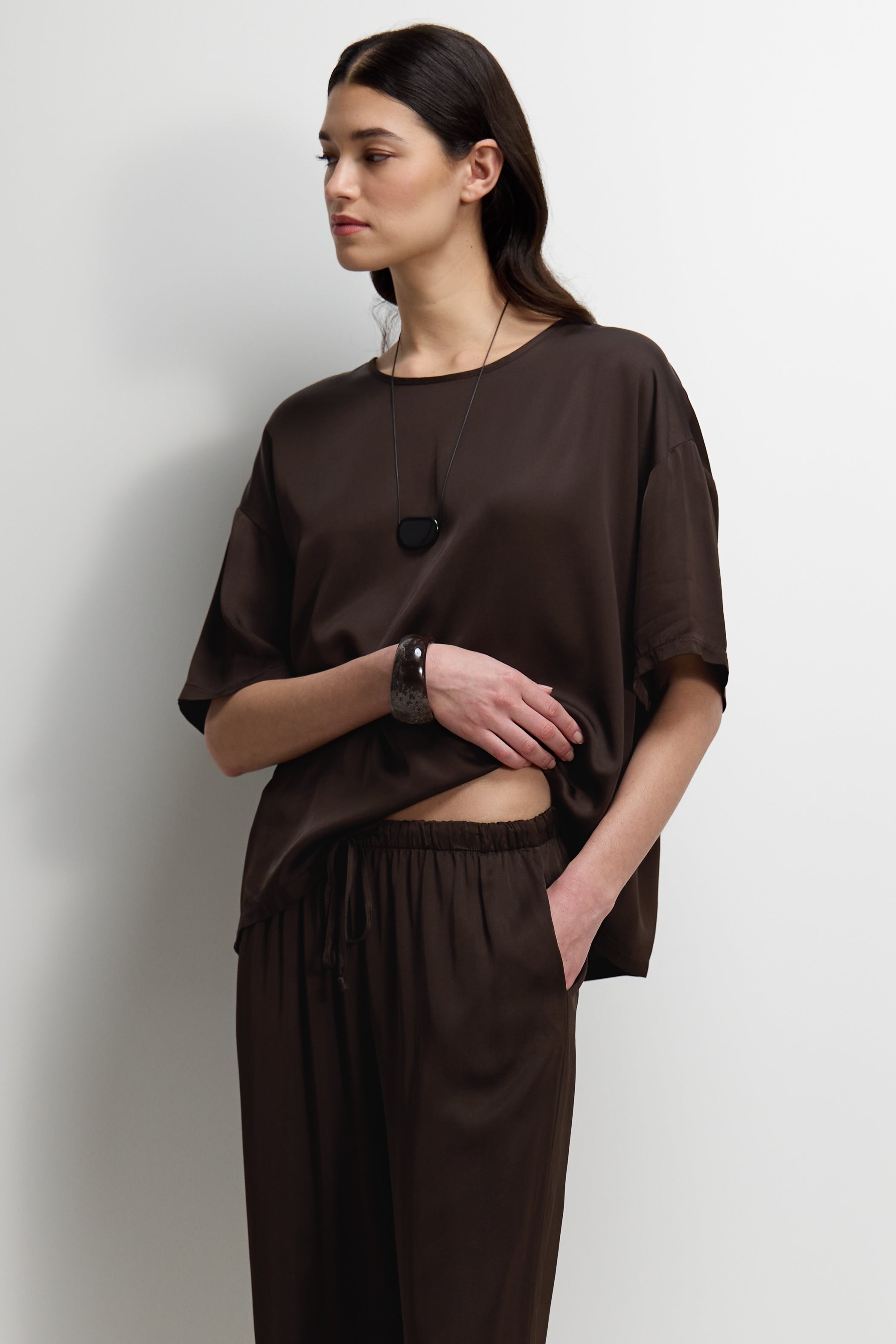 Corin Elastic Waist Satin Trousers | Espresso Brown