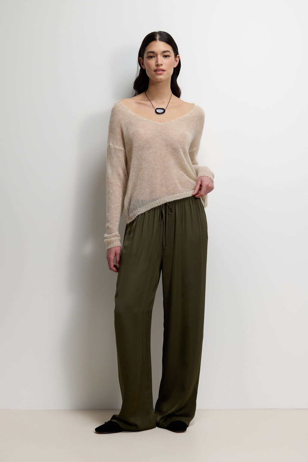 Corin Elastic Waist Satin Trousers | Khaki