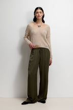 Corin Elastic Waist Satin Trousers | Khaki