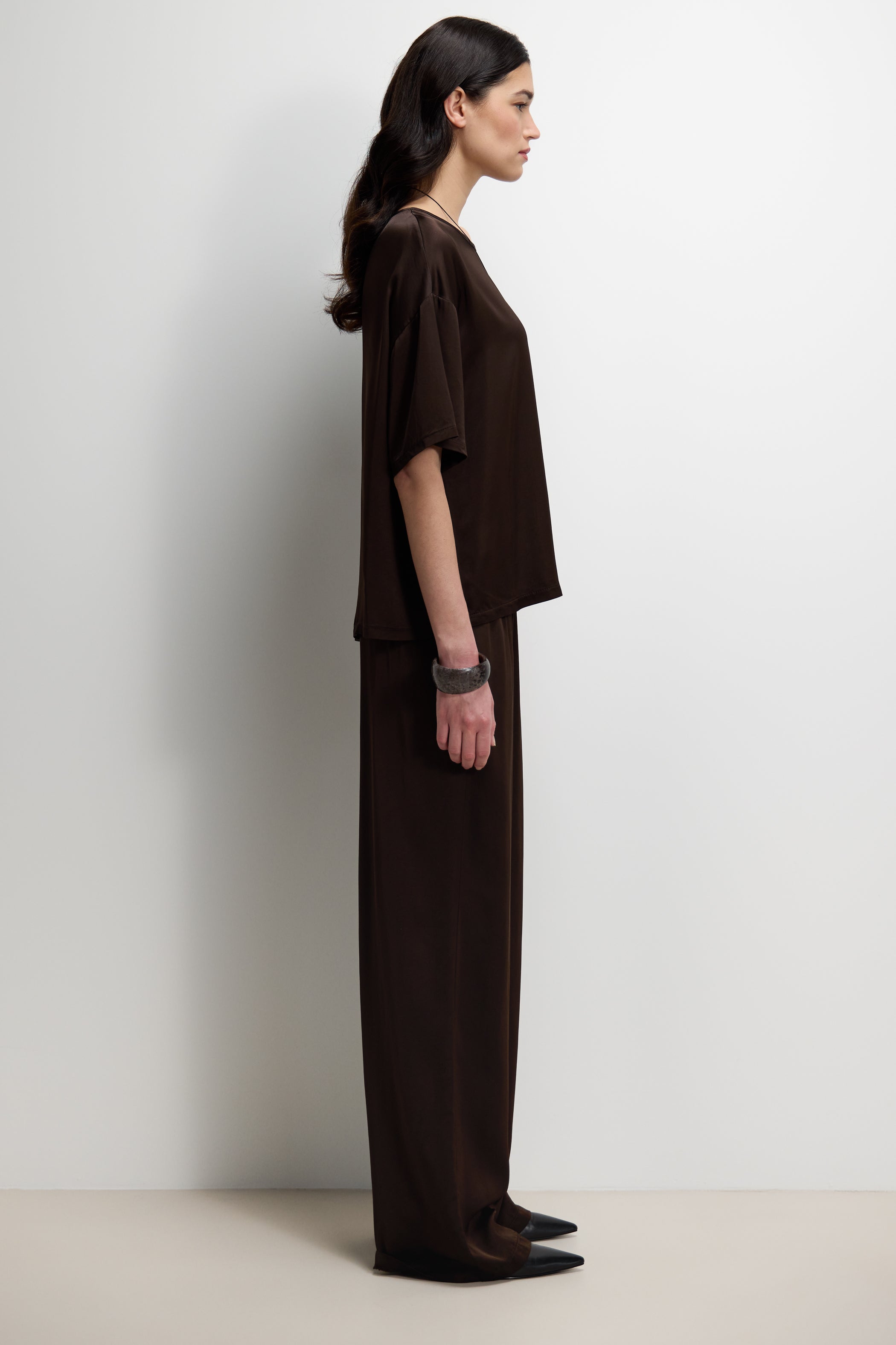 Corin Elastic Waist Satin Trousers | Espresso Brown