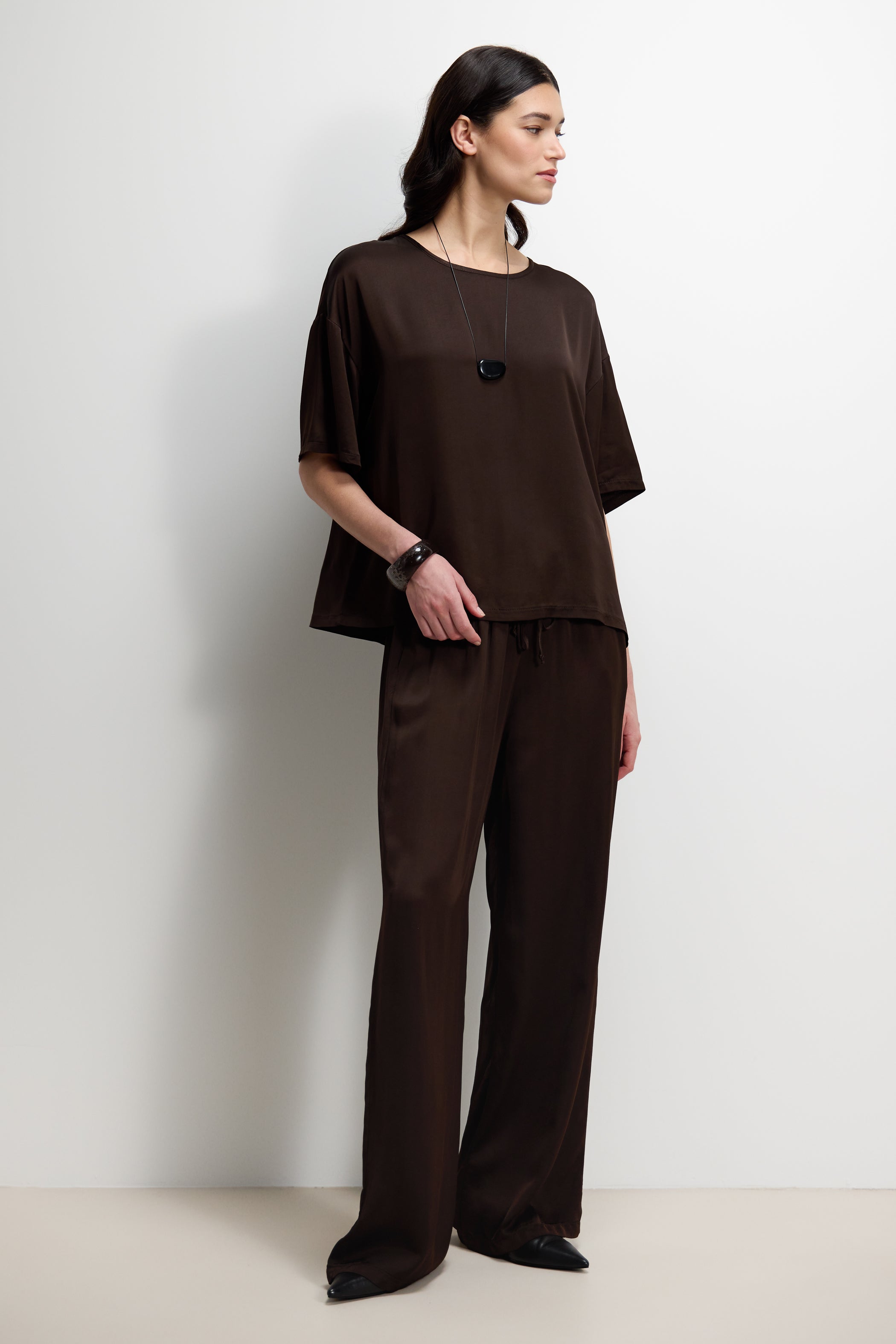 Corin Elastic Waist Satin Trousers | Espresso Brown