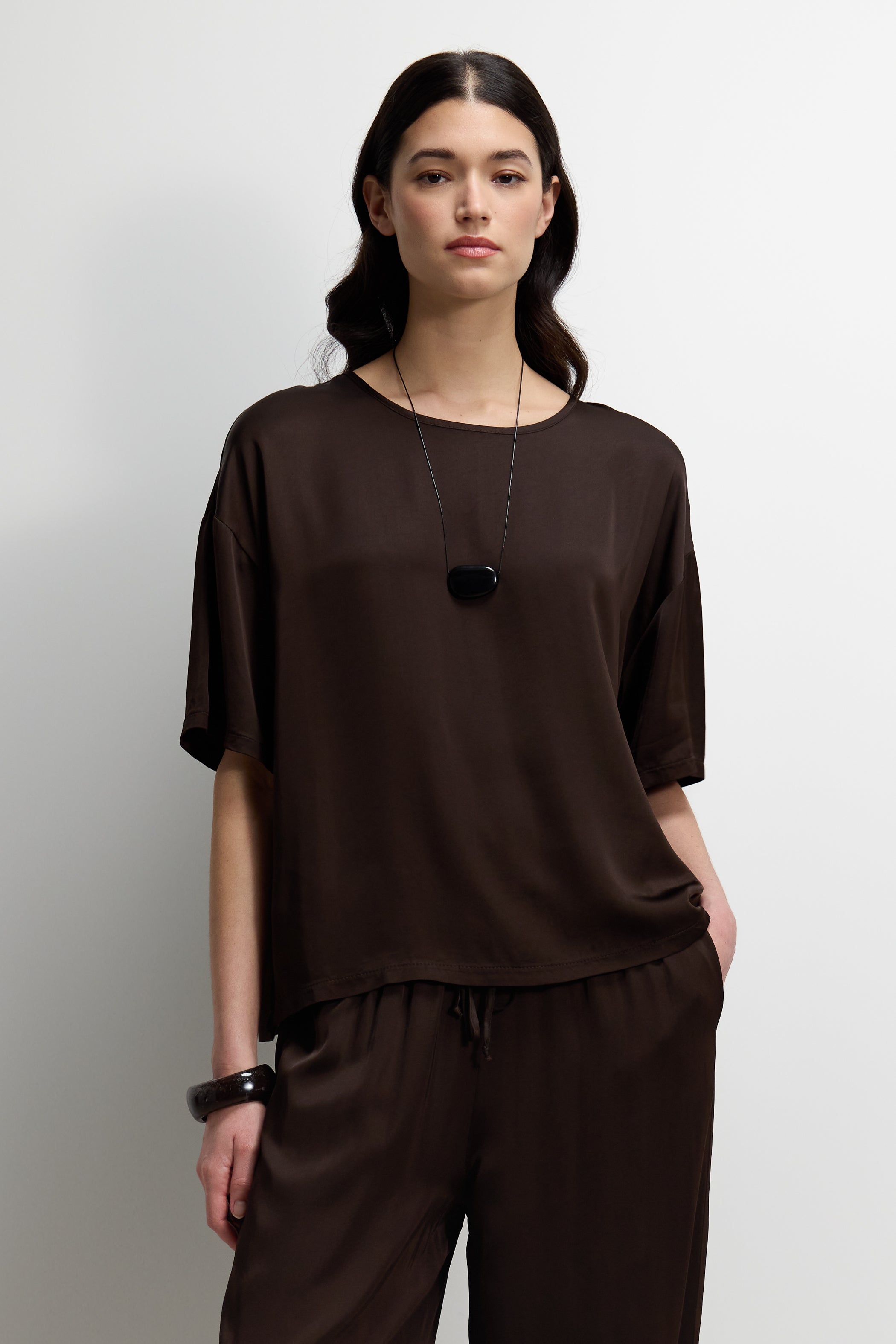 Mila Back Slit Satin Top | Espresso Brown