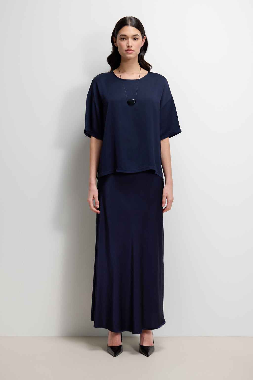 Mila Back Slit Satin Top | Navy