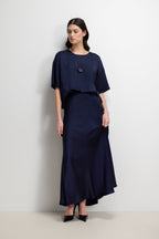 Mila Back Slit Satin Top | Navy