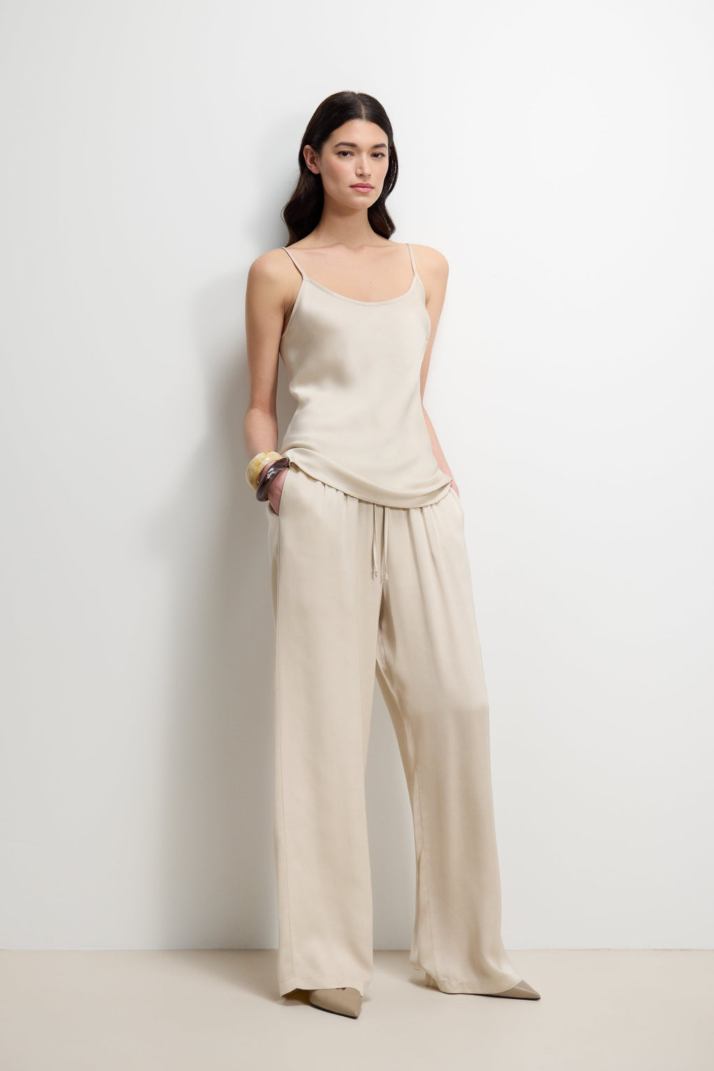 Corin Elastic Waist Satin Trousers | Light Beige