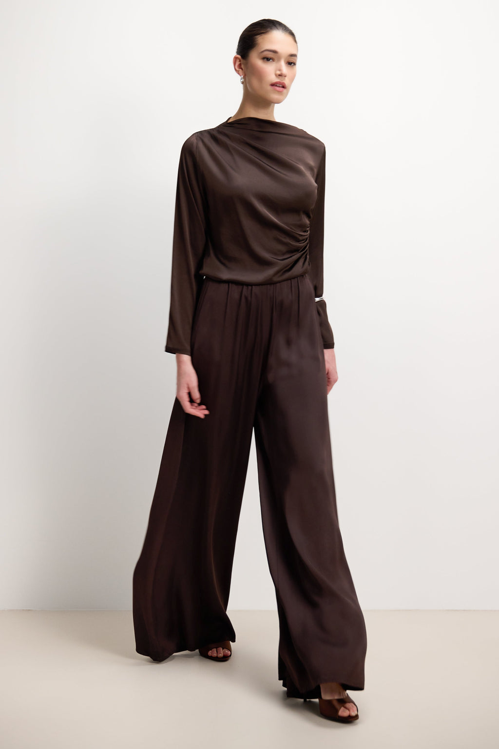 Helena Elastic Waist Satin Trousers | Espresso Brown