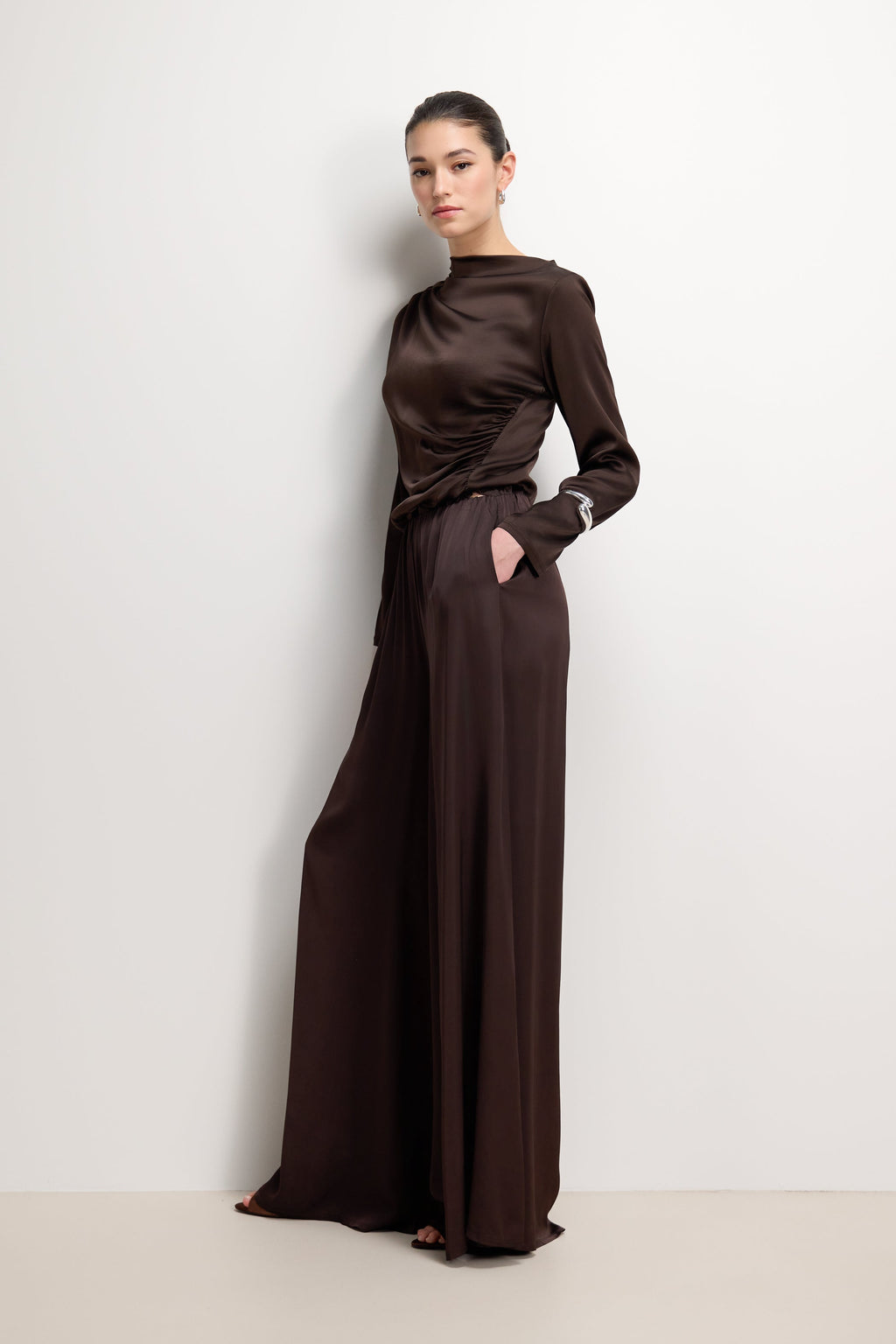 Helena Elastic Waist Satin Trousers | Espresso Brown