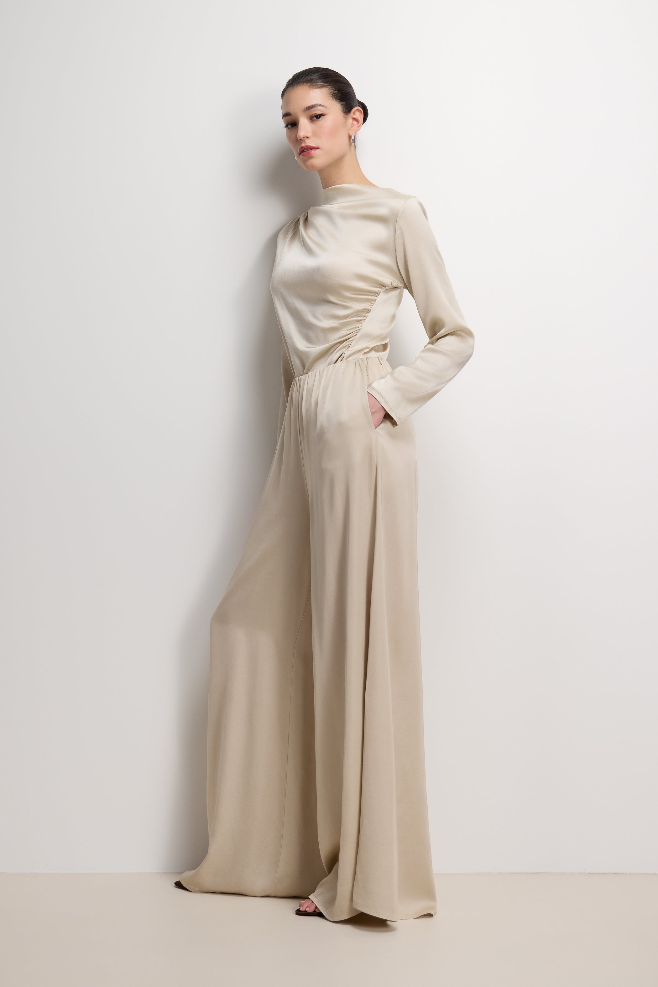 Helena Elastic Waist Satin Trousers | Light Beige