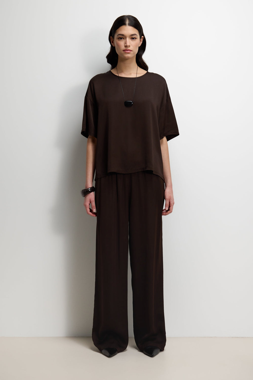 Corin Elastic Waist Satin Trousers | Espresso Brown