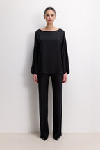 Genet Elastic Waist Bias Satin Trousers | Black