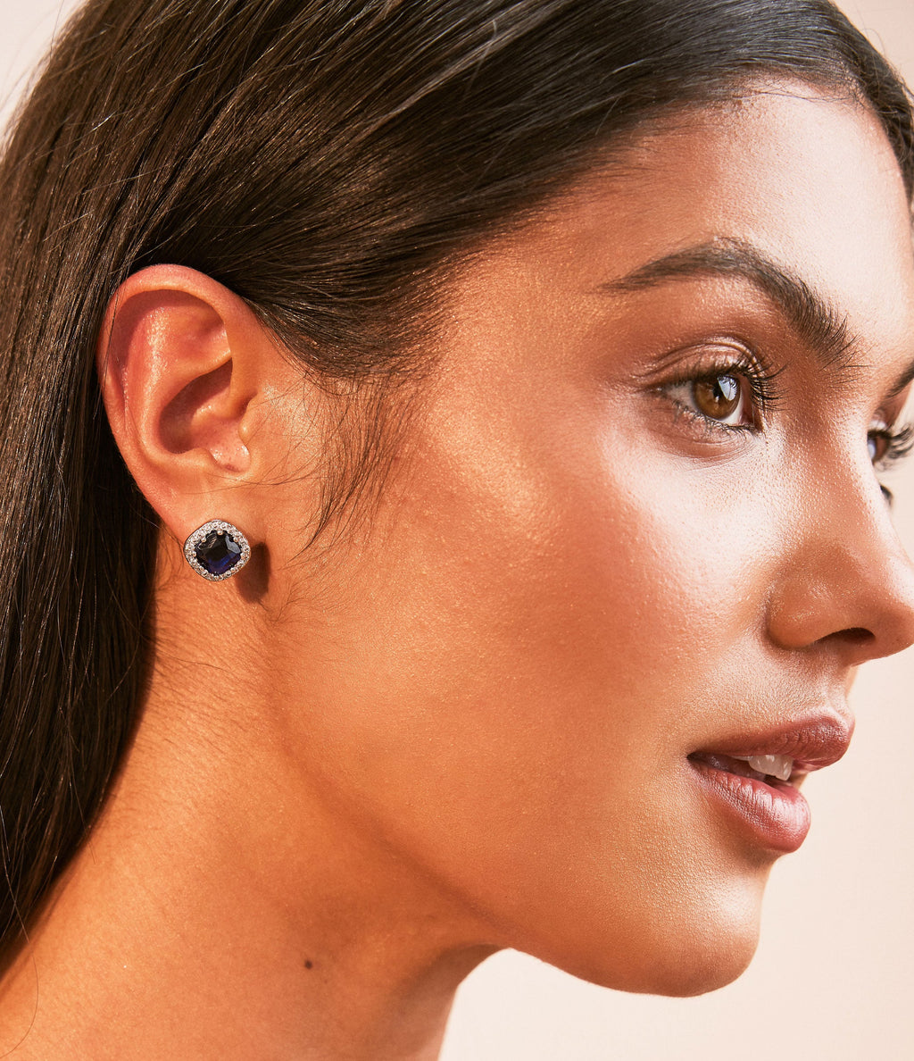 SAPPHIRE CUSHION HALO STUD EARRINGS
